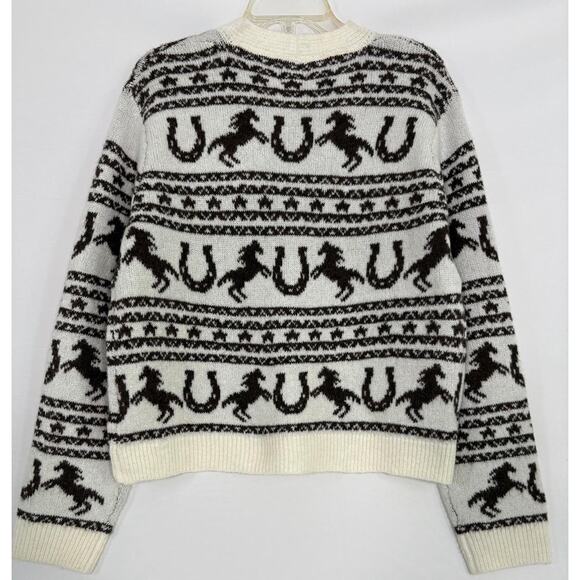 Women’s Aztec Ivory Brown Horse Print Knit Western Cardigan Sweater Sz M - Picture 2 of 12